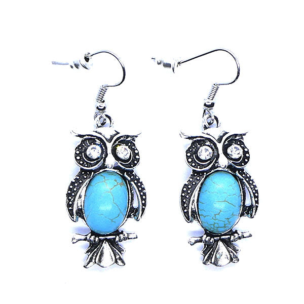 Hibou argenté et cabochon turquoise